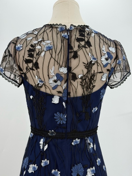 Monique Lhuillier Navy Blue Floral Embroidered Lace Midi Evening Cocktail Dress - Picture 7 of 16